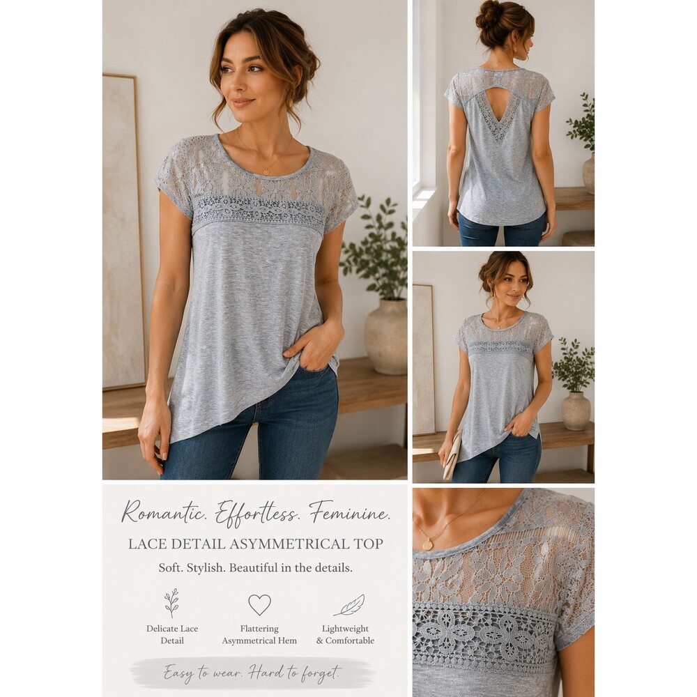 Women's Lace Top Soft Gray Blouse Short Sleeve Size Small Romantic Minimalist
